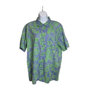 Vintage Y2K Cherokee Men's Green Tropical Floral Hawaiian‎ Shirt Size M Summer